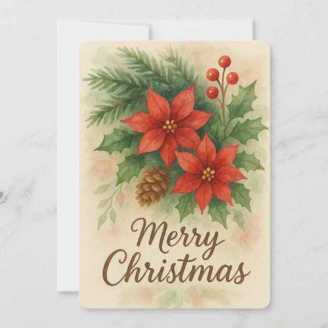 Merry Christmas Watercolor Christmas Flowers Holiday Card (Front)