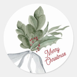 Merry Christmas Watercolor Christmas Foliage Classic Round Sticker