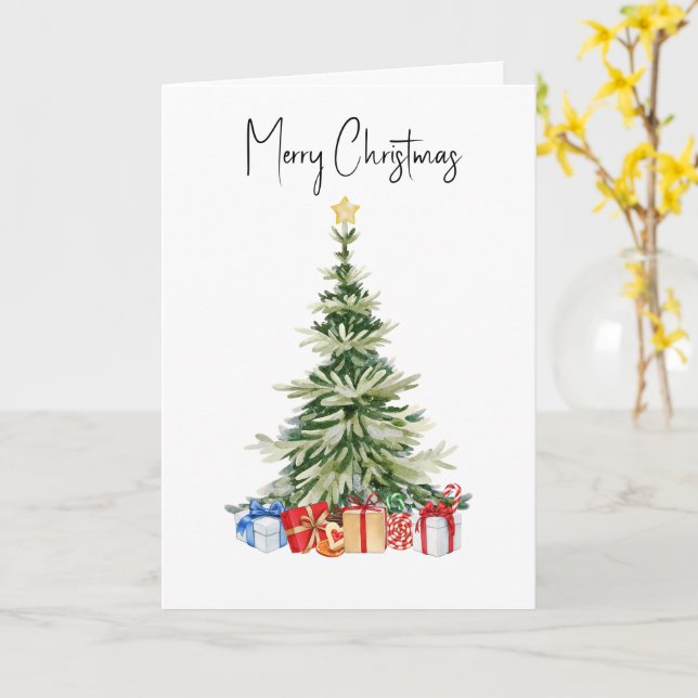 Merry Christmas Watercolor Christmas Tree Card (Yellow Flower)