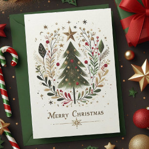 Merry Christmas Watercolor Christmas Tree Family  Holiday Card