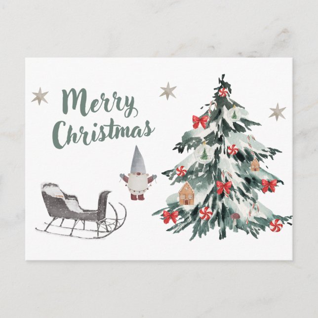 Merry Christmas Watercolor Christmas Tree, Gnome Holiday Postcard (Front)