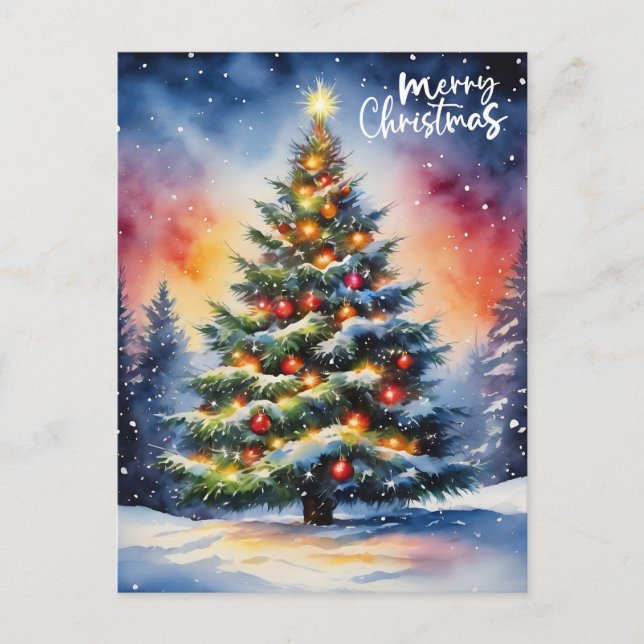 Merry Christmas Watercolor Christmas Tree Holiday Postcard (Front)