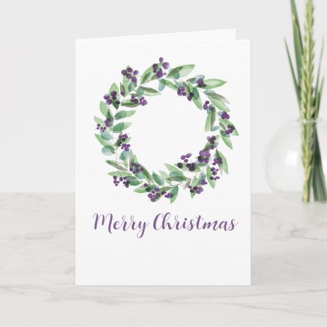 Merry Christmas, watercolor Christmas wreath Holid Holiday Card (Front)