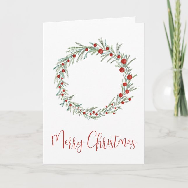 Merry Christmas, watercolor Christmas wreath Holiday Card (Front)