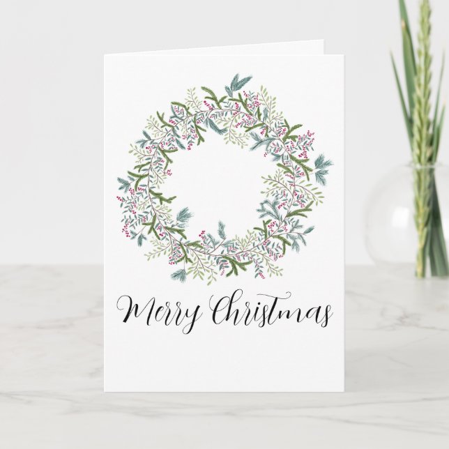 Merry Christmas, watercolor Christmas wreath Holiday Card (Front)