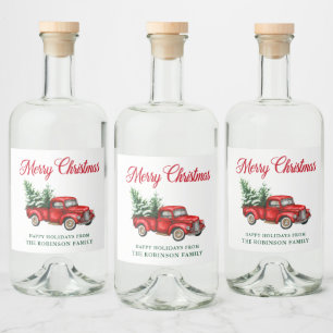 Merry Christmas Watercolor Classic Red Truck Liquor Bottle Label