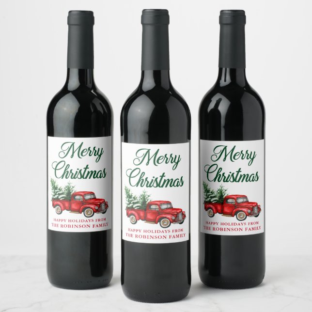 Merry Christmas Watercolor Classic Red Truck Wine Label (Bottles)