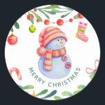 Merry Christmas. Watercolor cute holiday snowman  Classic Round Sticker<br><div class="desc">"Merry Christmas" stickers with watercolor cute funny snowman for winter holiday kids gifts.</div>