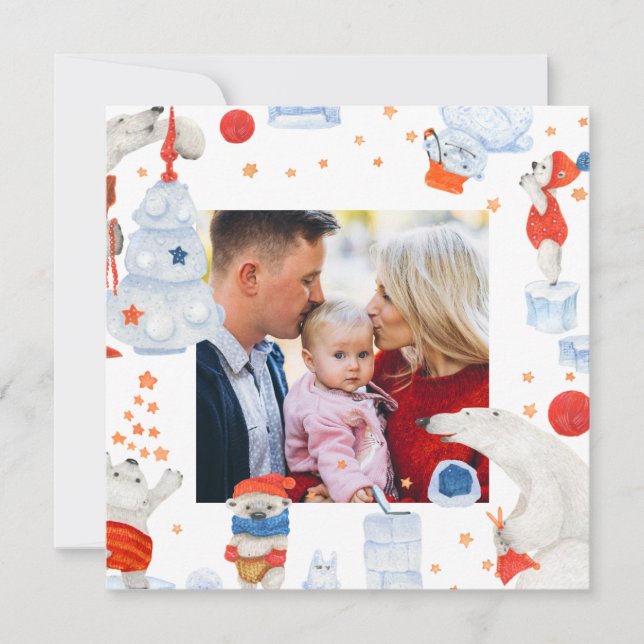 Merry Christmas Watercolor Cute Polar Bear Photo (Front)