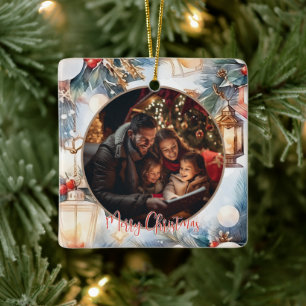 Merry Christmas Watercolor Decorative Photo Ceramic Ornament