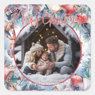 Merry Christmas Watercolor Decorative Photo Square Sticker