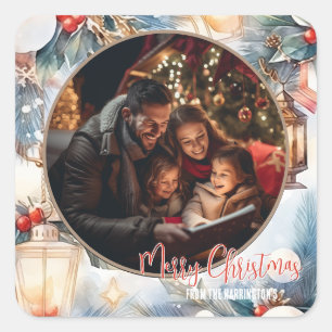 Merry Christmas Watercolor Decorative Photo Square Sticker