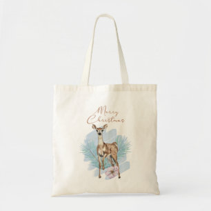 Merry Christmas Watercolor Deer Holly Leaves Tote Bag