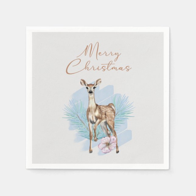 Merry Christmas Watercolor Deer Paper Napkin (Front)