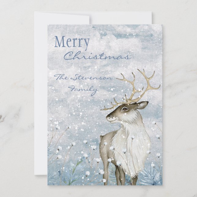 Merry Christmas Watercolor Deer Snow Scene Name Holiday Card (Front)