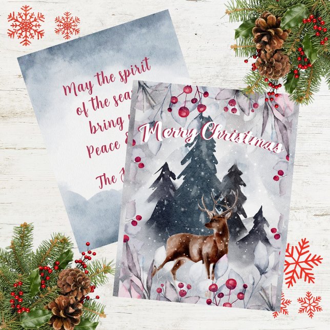 Merry Christmas Watercolor Deer Woods Snow Scene Holiday Card (Merry Christmas Watercolor Deer Woods Snow Scene Holiday Card)