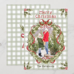 Merry Christmas Watercolor Floral Bow Family Photo Holiday Card