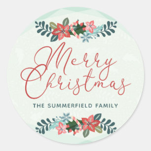 Merry Christmas Watercolor Floral Classic Round Sticker