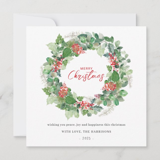 Merry Christmas Watercolor Floral Holiday Card (Front)