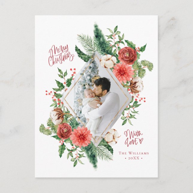 Merry Christmas Watercolor Floral Photo Holiday Postcard (Front)