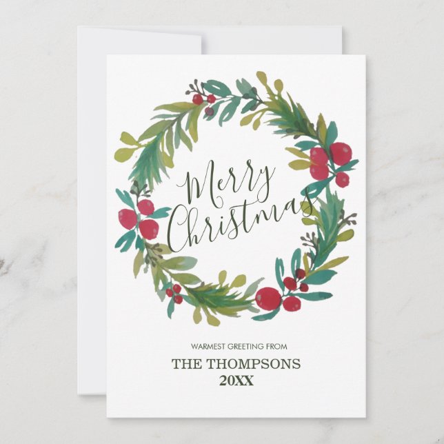 Merry Christmas Watercolor Floral Wreath Card (Front)