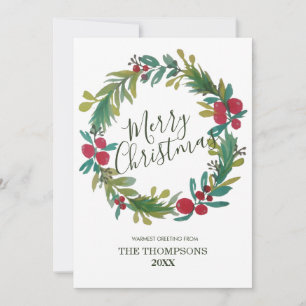 Merry Christmas Watercolor Floral Wreath Card