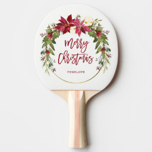 Merry Christmas Watercolor Floral Wreath with Gold Ping Pong Paddle