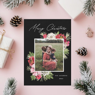 Merry Christmas Watercolor Flower Black Holiday Card