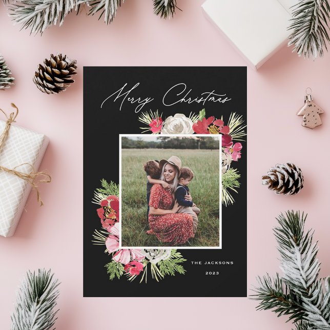 Merry Christmas Watercolor Flower Black Holiday Card (Creator Uploaded)