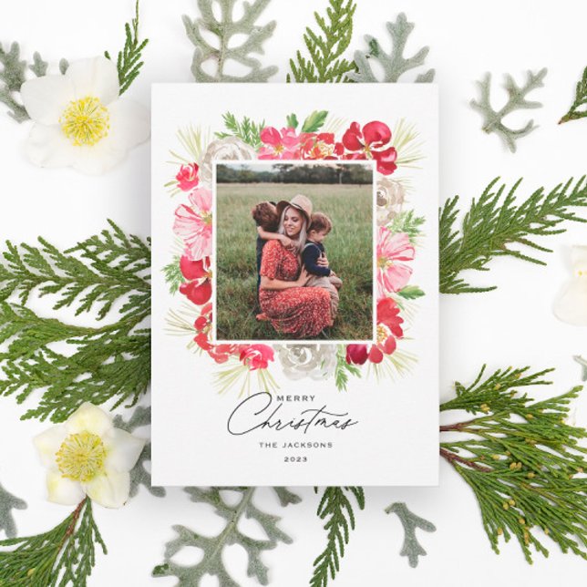 Merry Christmas Watercolor Flower Frame Holiday Card (Creator Uploaded)