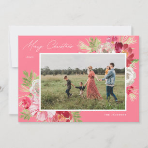 Merry Christmas Watercolor Flower Pink Holiday Card