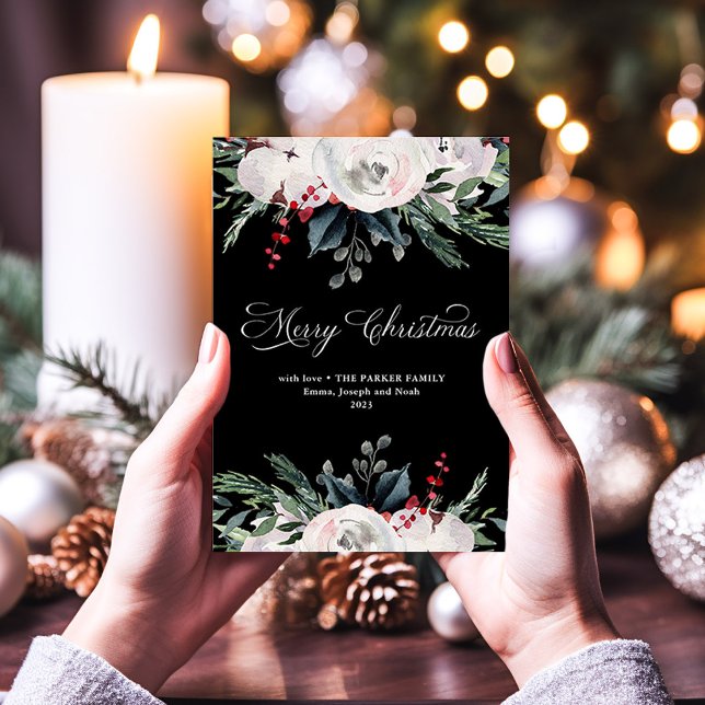 Merry Christmas | Watercolor Flowers on Black Holiday Card (A stunning and elegant Christmas card with traditional holiday flowers on a black background)