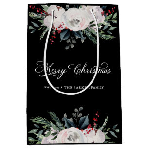 Merry Christmas   Watercolor Flowers on Black Medium Gift Bag