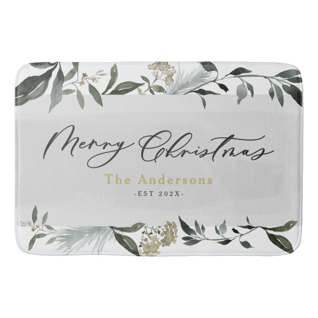 Merry Christmas watercolor foliage Christmas   Bath Mat (Front)