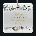 Merry Christmas watercolor foliage Christmas  Ceramic Ornament<br><div class="desc">Mustard and olive watercolor foliage personalized holiday party accessorize. Part of a collection.</div>