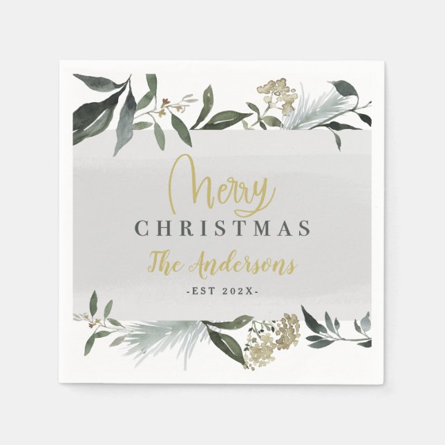 Merry Christmas watercolor foliage Christmas Napkin (Front)