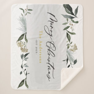 Merry Christmas watercolor foliage Christmas  Sherpa Blanket