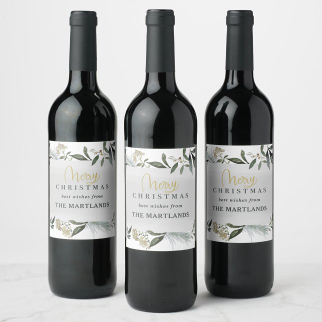 Merry Christmas watercolor foliage Christmas  Wine Label (Bottles)