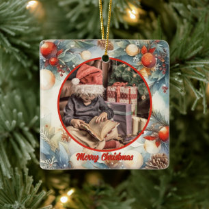 Merry Christmas Watercolor Foliage Greenery Photo Ceramic Ornament