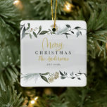 Merry Christmas watercolor foliage photo Ceramic Ornament<br><div class="desc">Mustard and olive watercolor foliage personalized holiday party accessorize. Part of a collection.</div>