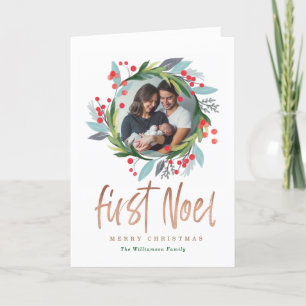 Merry Christmas   Watercolor Foliage Photo Wreath Holiday Card