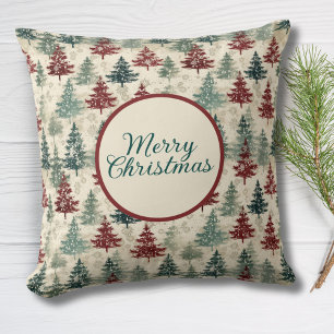 Merry Christmas Watercolor Forest Fir Trees Cushion