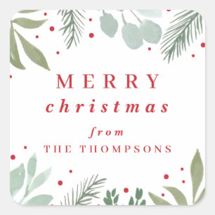 Merry Christmas Watercolor Garland Winter Foliage Square Sticker