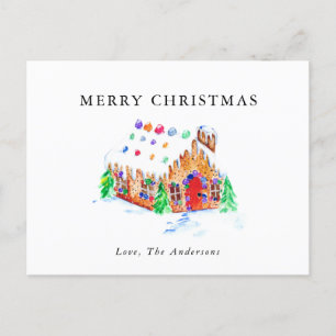 Merry Christmas Watercolor Gingerbread House Art Holiday Postcard