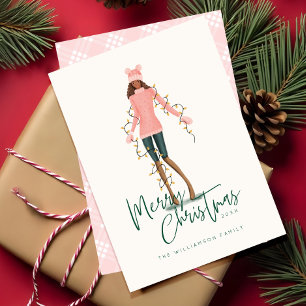 Merry Christmas Watercolor Girl Wrapped In Lights Holiday Card