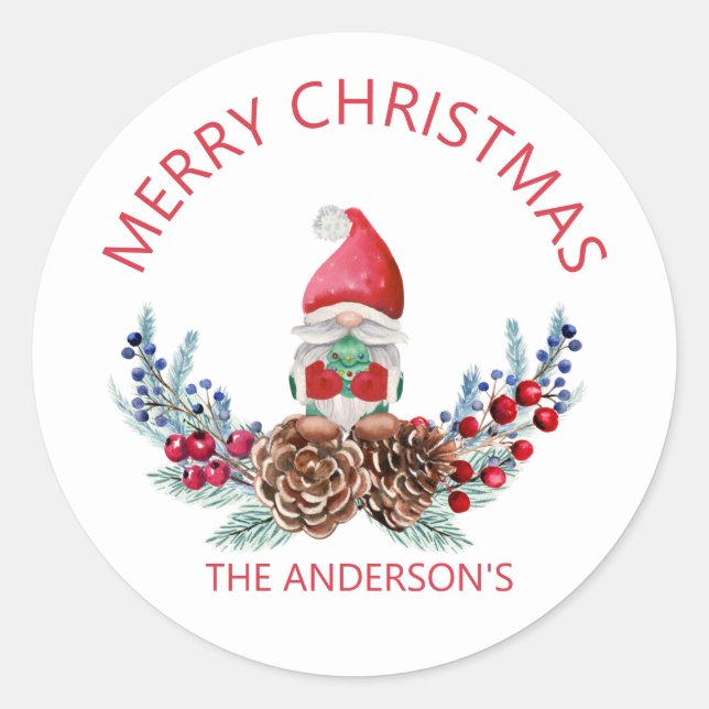 Merry Christmas Watercolor Gnome  Classic Round Sticker (Front)
