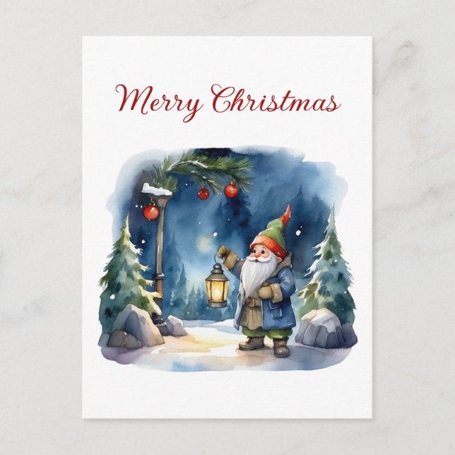 Merry Christmas Watercolor Gnome  Holiday Postcard (Front)