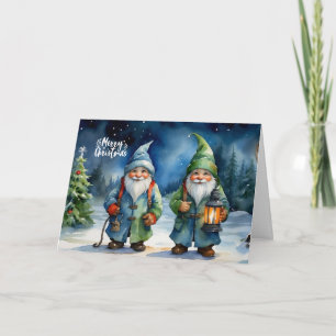 Merry Christmas Watercolor Gnomes Forest Holiday Card