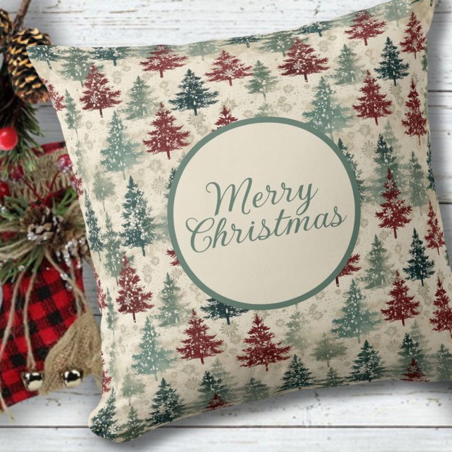 Merry Christmas Watercolor Green Forest Fir Trees  Cushion (Creator Uploaded)
