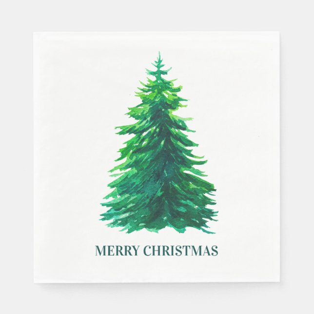 Merry Christmas. Watercolor green winter tree Napkin (Front)
